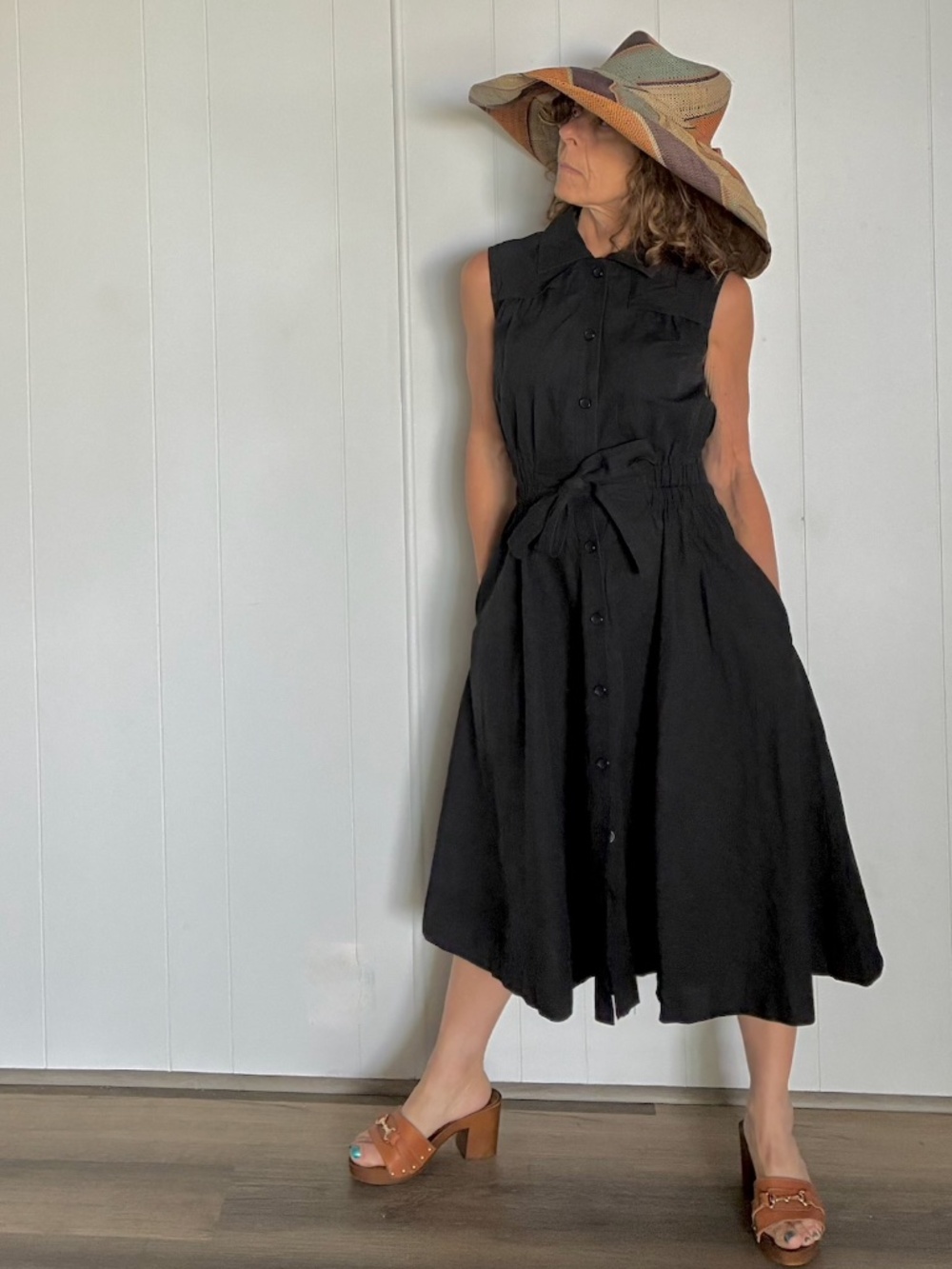 VTG 1970s 1980s Black Cotton Shirtdress Sz S